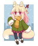  1girl :o animal_ear_fluff animal_ears bangs black_footwear black_legwear blonde_hair blush boots breath brown_scarf commentary_request eyebrows_visible_through_hair fox_ears fox_girl fox_tail fringe_trim full_body fur-trimmed_jacket fur-trimmed_sleeves fur_trim green_jacket hair_between_eyes hair_bun hair_ornament highres jacket kemomimi-chan_(naga_u) long_hair long_sleeves looking_at_viewer naga_u original pantyhose parted_lips pleated_skirt purple_skirt red_eyes scarf skirt sleeves_past_fingers sleeves_past_wrists solo standing tail very_long_hair 