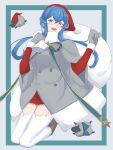  1girl 2others :d animal blue_eyes blue_hair blush buttons eyebrows_visible_through_hair gloves gotland_(kantai_collection) grey_gloves hair_between_eyes hat highres kantai_collection long_hair mole mole_under_eye multiple_others open_mouth pom_pom_(clothes) sack santa_costume santa_hat sheep shingyou_(alexander-13) smile thigh-highs white_legwear 