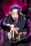  1boy aura ball black_hair black_kimono bleeding blood blood_on_face dripping eyebrows_visible_through_hair getou_suguru hand_up japanese_clothes jujutsu_kaisen kimono long_hair male_focus monster open_mouth pink_background sal scar_on_forehead solo teeth tongue tongue_out violet_eyes wide_sleeves 