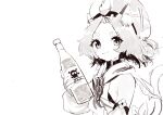  1girl :3 animal_ear_fluff animal_ears bottle diona_(genshin_impact) discoshoujo english_commentary genshin_impact greyscale hat holding holding_bottle looking_at_viewer monochrome short_eyebrows short_hair smile solo tail white_background 