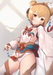  1girl :o andira_(granblue_fantasy) animal_ears bangs bed_sheet blonde_hair blush breasts commentary detached_sleeves dutch_angle eyebrows_visible_through_hair granblue_fantasy hair_between_eyes highres leotard long_sleeves looking_at_viewer lying monkey_ears on_back parted_lips red_eyes sleeves_past_wrists small_breasts solo symbol_commentary thigh-highs twintails two_side_up uneg white_legwear white_leotard white_sleeves wide_sleeves 