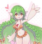  1girl alternate_eye_color alternate_hair_length alternate_hairstyle arm_up artist_name bangs bare_shoulders big_hair bikini bow bow_bikini braid breasts chromatic_aberration clarevoir collarbone commentary commission drop_shadow english_commentary frilled_bikini frills gardevoir gen_3_pokemon green_hair hair_bow happy heart highres long_hair medium_breasts mixed-language_commentary navel open_mouth orange_bikini orange_bow pokemon pokemon_(creature) shiny shiny_hair shiny_skin sidelocks simple_background skindentation smile solo standing stomach swimsuit tied_hair twin_braids twitter_username very_long_hair watermark waving white_background yellow_eyes 