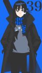  1girl absurdres black_coat black_hair blue_background blue_eyes blue_scarf blue_theme breath coat gradient hands_in_pockets highres long_hair number open_clothes open_coat original parted_lips plaid plaid_scarf scarf shadow silhouette simple_background solo standing xkirara39x 
