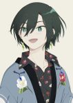  1boy absurdres aqua_eyes black_hair black_shirt blue_menouu collared_shirt earrings flower hair_between_eyes highres jewelry leaf open_mouth original print_shirt red_flower shirt short_hair simple_background smile solo tan_background white_flower 