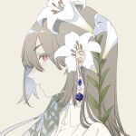  1girl absurdres blue_menouu collared_shirt earrings flower glint grey_hair hair_between_eyes highres jewelry leaf long_hair original parted_lips portrait profile red_eyes shadow shirt simple_background solo tan_background white_flower white_shirt 