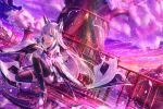  1girl absurdres animal_ears azur_lane black_gloves black_legwear black_sailor_collar black_skirt blue_neckwear cherry_blossoms fox_ears full_body gloves half_gloves highres holding holding_sword holding_weapon huge_filesize kawakaze_(azur_lane) kurokuma long_hair looking_at_viewer neckerchief ribbon-trimmed_sleeves ribbon_trim rudder_footwear sailor_collar sheath skirt solo sword thigh-highs unsheathing very_long_hair weapon white_hair wide_sleeves zettai_ryouiki 