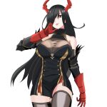  1girl artist_request azur_lane bare_shoulders black_hair breasts brown_eyes cleavage_cutout clothing_cutout detached_sleeves diamond_(shape) double-breasted dress friedrich_der_grosse_(azur_lane) from_below fur_trim gauntlets gloves hair_over_one_eye hand_in_hair highres horn_ornament horns large_breasts long_hair looking_at_viewer mechanical_horns red_gloves red_horns see-through short_dress simple_background skin_tight solo thigh-highs tongue tongue_out white_background zettai_ryouiki 