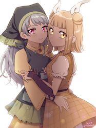  2girls apron artist_name bangs blonde_hair blouse blunt_bangs breasts closed_mouth commentary_request cowboy_shot double_bun dress eyebrows_visible_through_hair fingernails flat_chest flower frown green_headwear grey_hair hair_ribbon hair_scarf hand_on_another&#039;s_arm hand_on_another&#039;s_hip haniyasushin_keiki highres joutouguu_mayumi juliet_sleeves long_hair long_sleeves looking_at_viewer looking_back magatama magatama_necklace multiple_girls nupeya pink_eyes pocket puffy_short_sleeves puffy_sleeves ribbon short_hair short_sleeves sidelocks simple_background skirt small_breasts smile touhou v-shaped_eyebrows vambraces white_background white_ribbon yellow_blouse yellow_dress yellow_eyes yellow_skirt yuri 