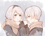  1boy 1girl black_gloves black_hairband blue_eyes blush breath gloves hairband holding_hands mole mole_under_mouth nier_(series) nier_automata no_blindfold scarf snowing winter_clothes wu_ye_bifang yorha_no._2_type_b yorha_no._9_type_s 
