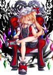  1girl absurdres alternate_costume arm_belt bangs black_shirt black_shorts blonde_hair blush boots bow calpis118 chair closed_mouth crystal eyebrows_visible_through_hair flandre_scarlet full_body hair_between_eyes hair_over_one_eye hand_on_own_cheek hand_on_own_face hat hat_bow highres jacket jewelry leg_support light_particles long_hair looking_at_viewer mob_cap necklace on_chair one_side_up puffy_sleeves rainbow_order red_bow red_eyes red_footwear red_jacket red_vest romper shirt short_hair shorts side_ponytail sitting smile solo touhou vest white_headwear wings 