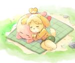  1girl 1other animal_crossing animal_ears blush_stickers closed_eyes dog_ears dog_girl dog_tail green_skirt hair_ornament hair_tie isabelle_(animal_crossing) kirby kirby_(series) long_sleeves lying ponytail shizue_(doubutsu_no_mori) skirt sleeping super_smash_bros. sweater tail tied_hair topknot tsubobot yellow_sweater 