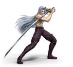  1boy 3d abs arm_up artist_request belt blue_eyes boots closed_mouth fighting_stance final_fantasy final_fantasy_vii forehead full_body grey_hair hair_intakes hand_up hands_together happy highres holding holding_sword holding_weapon katana long_hair looking_at_viewer male_focus muscle navel official_art pants purple_footwear purple_pants sephiroth shirtless smile solo standing stomach super_smash_bros. sword thigh-highs thigh_boots transparent_background very_long_hair weapon 