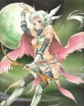  1girl arm_up armor arrow_(projectile) beige_capelet black_legwear blush bow_(weapon) breastplate bridal_gauntlets capelet fingernails greaves green_eyes green_hair green_moon green_sky green_theme head_wings highres holding holding_arrow holding_bow_(weapon) holding_weapon knight light_green_hair long_hair marker_(medium) moon original parted_lips ponytail sasachin_(k+w) solo torn torn_clothes traditional_media vambraces vial weapon wind wings 