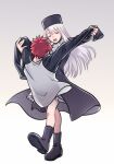  1boy 1girl applechoc bad_end boots closed_eyes coat dancing emiya_shirou fate/stay_night fate_(series) full_body hat illyasviel_von_einzbern long_sleeves loose_clothes missing_limb redhead simple_background smile white_background white_hair winter_clothes 