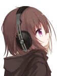  1girl bangs black_hoodie brown_hair commentary_request eyebrows_visible_through_hair from_side hair_between_eyes headphones hood hood_down hoodie original parted_lips profile simple_background solo upper_body violet_eyes white_background yuuhagi_(amaretto-no-natsu) 