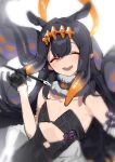  1girl absurdres black_choker black_gloves black_hair blush choker closed_eyes eyebrows_visible_through_hair fur-trimmed_choker gloves half_gloves halo highres holding holding_pen hololive hololive_english long_hair mole mole_under_eye multicolored multicolored_hair ninomae_ina&#039;nis open_mouth orange_hair patterned patterned_clothing pen shisantian sketch smile solo teeth tentacle_hair tentacles upper_teeth 