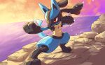  closed_mouth commentary_request gen_4_pokemon legs_apart looking_to_the_side lucario no_humans outdoors paws peron_(niki2ki884) pokemon pokemon_(creature) red_eyes signature solo spikes standing twilight yellow_fur 