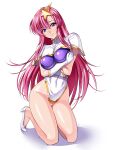  1girl artist_name blush breasts closed_mouth covered_navel crossed_arms full_body gloves groin gundam gundam_seed gundam_seed_destiny hair_ornament highleg highleg_leotard large_breasts leotard long_hair meer_campbell pink_hair purple_leotard sen_(sansui) shadow shiny shiny_clothes smile solo squatting star_(symbol) star_hair_ornament violet_eyes white_background white_footwear 