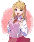  1girl :d ahoge akamatsu_kaede backpack bag bangs blonde_hair blush breasts collared_shirt commentary_request cowboy_shot dangan_ronpa hair_ornament hairclip holding_strap long_hair long_sleeves looking_at_viewer miniskirt musical_note_hair_ornament nanao_(nanao1023) necktie new_dangan_ronpa_v3 open_mouth pink_eyes pink_skirt pleated_skirt red_neckwear school_uniform shirt skirt smile solo sweater_vest twitter_username white_shirt 