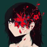  1other avogado6 black_hair bloodshot_eyes blue_eyes flower flower_in_eye green_background no_mouth original portrait red_flower simple_background symbol_in_eye 