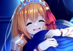  1boy 1girl blurry blurry_background blush closed_eyes eyebrows_visible_through_hair gloves hair_between_eyes head_on_another&#039;s_shoulder hug open_mouth orange_hair pecorine_(princess_connect!) portrait princess_connect! princess_connect!_re:dive smile syurimp tareme tiara 