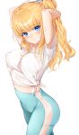  1girl arms_behind_head blonde_hair blue_eyes blue_pants breasts covered_nipples eyebrows_visible_through_hair highres large_breasts long_hair looking_at_viewer midriff original pants ponytail shirt simple_background solo sweat t-shirt tied_shirt white_background white_shirt yumaomi 