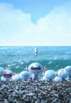  ! closed_mouth clouds commentary_request day gen_2_pokemon heugaesa highres looking_at_viewer no_humans o_o open_mouth outdoors pokemon pokemon_(creature) shiny sky smile standing tongue water wooper 