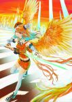  1girl bow bow_choker choker city detached_sleeves energy_sword floating_hair gradient_hair green_bow green_choker green_hair highres holding holding_sword holding_weapon hololive hololive_english looking_at_viewer multicolored_hair open_hand orange_hair orange_wings shoes sneakers solo sword takanashi_kiara thigh-highs violet_eyes virtual_youtuber weapon wings zawaty 