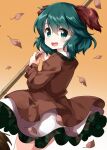  1girl animal_ears autumn_leaves bamboo_broom bangs broom brown_dress cowboy_shot dog_ears dog_tail dress eyebrows_visible_through_hair falling_leaves gradient gradient_background green_eyes green_hair hair_between_eyes highres holding holding_broom kasodani_kyouko leaf long_sleeves looking_at_viewer medium_hair open_mouth orange_background ruu_(tksymkw) smile solo standing tail teeth touhou 