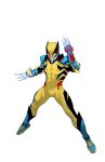  1boy absurdres claws clenched_hands dan_mora english_commentary fighting_stance from_above helmet highres leaning_back looking_down marvel redesign solo superhero tokusatsu white_background white_eyes wolverine x-men 