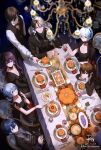  2boys 4girls absurdres asamayuki_ra autumn_leaves black_dress black_hair black_suit blue_eyes blue_hair blurry_foreground braid brown_eyes brown_hair butler candle chandelier chin_rest chinese_commentary commentary cup dated dinner double-breasted dress drinking_glass earrings faceless faceless_male food fork formal from_above green_eyes grey_hair hair_rings hairband halloween highres holding holding_cup indoors jewelry knife long_hair looking_at_viewer looking_up luo_tianyi mo_qingxian mole multicolored_hair multiple_boys multiple_girls necklace pie plate pointy_ears pumpkin purple_hair serving short_hair signature smile table two-tone_hair violet_eyes vocaloid vsinger white_hair wine_glass yanhe yuezheng_ling yuezheng_longya zhiyu_moke 