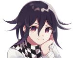  1boy bangs checkered checkered_scarf cheek_rest closed_mouth commentary_request dangan_ronpa face hair_between_eyes jacket long_sleeves looking_at_viewer male_focus nanao_(nanao1023) new_dangan_ronpa_v3 ouma_kokichi purple_hair scarf shiny shiny_hair simple_background smile solo upper_body violet_eyes white_background white_jacket 