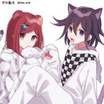  1boy 1girl animal_costume animal_ears animal_print bangs black_hair cat_costume cat_ears cat_tail checkered checkered_scarf closed_mouth commentary_request dangan_ronpa from_side hair_between_eyes hair_ornament hairclip hand_up hood hood_down looking_at_viewer nanao_(nanao1023) new_dangan_ronpa_v3 open_mouth ouma_kokichi paws purple_hair red_eyes redhead scarf short_hair simple_background sitting smile tail tiger_costume tiger_ears tiger_print violet_eyes white_background yumeno_himiko 