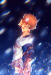  1boy bleeding blood blood_on_face bloody_clothes burn_scar cuts die emiya_shirou emiya_shirou_(prisma_illya) fate/kaleid_liner_prisma_illya fate_(series) from_side injury looking_up male_focus multicolored_hair orange_hair scar scar_on_face snowing solo streaked_hair torn_clothes upper_body yellow_eyes 