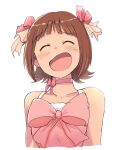  1girl amami_haruka arm_up bangs bare_shoulders blush bow bowtie breasts brown_hair choker closed_eyes collarbone cropped_torso dress gloves hair_ornament hair_ribbon idolmaster idolmaster_(classic) open_mouth pink_bow pink_choker pink_dress pink_ribbon ribbon sidelocks signature simple_background small_breasts smile solo strapless strapless_dress tsubobot 