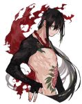  1boy bare_pecs black_hair character_request closed_mouth fate/grand_order fate_(series) fingernails flower_tattoo green_eyes hair_between_eyes hand_on_hip kuroneko0309252 long_hair male_focus simple_background sketch solo stomach_tattoo tattoo torn torn_clothes white_background 