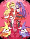  2girls alternate_color asahina_mirai bangs blonde_hair bow braixen closed_mouth commentary_request cure_magical cure_miracle dress elbow_gloves eyebrows_visible_through_hair eyelashes gen_6_pokemon gloves heart highres holding_hands interlocked_fingers izayoi_liko leg_garter leg_up long_hair looking_back mahou_girls_precure! mixar0807 multiple_girls orange_dress pokemon pokemon_(creature) precure purple_hair red_dress red_legwear ruby_style shiny shiny_hair shiny_pokemon shoes short_sleeves thigh-highs twintails very_long_hair violet_eyes white_legwear 