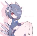  1girl artist_name bangs bare_shoulders blue_dress blue_hair blush bob_cut breasts clarevoir cleavage_cutout closed_mouth clothing_cutout colored_skin commentary dialga dress drop_shadow elbow_gloves english_commentary fusion gardevoir gen_3_pokemon gen_4_pokemon gloves grey_gloves hair_over_one_eye half-closed_eyes happy headgear highres knees_up large_breasts legendary_pokemon looking_at_viewer mixed-language_commentary outline pink_outline pokemon pokemon_(creature) red_eyes shiny shiny_clothes shiny_hair short_dress short_hair simple_background sitting smile solo twitter_username under_boob underboob_cutout watermark white_background white_skin 