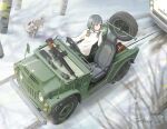  1girl artist_name bangs battle_rifle black_eyes blue_hair breasts dog driving from_above goggles goggles_around_neck gun honda howa_type_64 jettoburikku looking_back medium_breasts original rifle scope short_hair snow suzuki_(company) sweater towing vehicle_focus weapon 