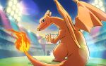  blastoise charizard closed_mouth commentary_request fang fire flame gen_1_pokemon grass green_eyes light looking_at_viewer looking_back no_humans outdoors outline peron_(niki2ki884) pokemon pokemon_(creature) sky smile stadium standing 