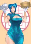  1girl alternate_costume anagumasan bangs baozi blue_dress blue_eyes blue_hair breasts china_dress chinese_clothes cup double_bun dress earrings food gloves highres jewelry legs leona_heidern looking_at_viewer solo teacup teapot the_king_of_fighters thighs triangle_earrings 
