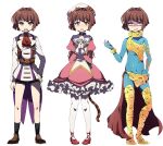  1girl 2boys absurdres black_legwear blue_skin boots brown_hair cat_tail ciconia_no_naku_koro_ni coattails colored_skin dress frilled_dress frills gold_armor hands_together highres mitake_miyao multiple_boys prgdmk shorts tail thigh-highs thigh_boots white_legwear yellow_eyes 