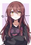  1girl black_hoodie blush brown_hair commentary_request doll_hug gougoku hair_between_eyes highres hood hoodie idolmaster idolmaster_shiny_colors long_hair looking_at_viewer oosaki_tenka pout purple_background sleeves_past_wrists solo stuffed_toy translation_request upper_body yellow_eyes 