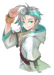  1boy ainchase_ishmael antenna_hair aqua_hair arm_up bracelet closed_mouth earrings elsword eyebrows_visible_through_hair green_eyes grey_hair hatching_(texture) highres hood hood_down jewelry male_focus multicolored multicolored_hair rein00 signature simple_background single_earring smile solo white_background 