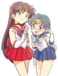  2girls back_bow bishoujo_senshi_sailor_moon black_hair blue_bow blue_choker blue_eyes blue_hair blue_sailor_collar blue_skirt blush bow choker circlet earrings elbow_gloves gloves hino_rei inner_senshi jewelry long_hair looking_at_viewer magical_girl mizuno_ami multiple_girls pleated_skirt red_sailor_collar red_skirt ribbon sailor_collar sailor_mars sailor_mercury sailor_senshi sailor_senshi_uniform short_hair skirt star_(symbol) star_earrings stud_earrings tsubobot violet_eyes white_gloves 