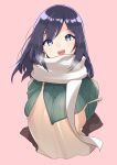  1girl ajifry39 black_eyes blue_eyes brown_dress cropped_torso dress green_sweater highres kantai_collection long_hair looking_at_viewer official_alternate_costume pink_background ribbed_sweater scarf simple_background smile solo souryuu_(kancolle) strap_slip sweater white_scarf 