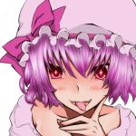  1girl anthocyanin blush collarbone finger_to_chin hat lavender_dress mob_cap portrait purple_hair remilia_scarlet ribbon symbol-shaped_pupils tongue tongue_out white_background 