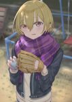  1girl absurdres baseball baseball_mitt black_jacket blonde_hair blurry blurry_background commentary_request ear_piercing highres idolmaster idolmaster_shiny_colors jacket long_sleeves looking_at_viewer outdoors park piercing pink_eyes purple_scarf saijou_juri scarf short_hair solo umirororo upper_body 