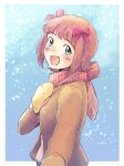  1girl amami_haruka blush bow brown_hair coat eyebrows_visible_through_hair gloves green_eyes hair_bow idolmaster idolmaster_(classic) long_sleeves looking_at_viewer open_mouth outstretched_arm plaid plaid_scarf red_bow scarf short_hair simple_background skirt snow tsubobot yellow_gloves 