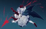  1girl bat_wings blood blue_hair closed_mouth dress fingernails frilled_dress frills glowing highres holding holding_polearm holding_spear holding_weapon ikurauni polearm red_eyes red_footwear red_nails remilia_scarlet short_hair solo spear touhou vampire weapon white_dress wings 